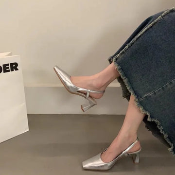 Xajzpa New Women's Shiny High Heels Slingback Women Pumps Metallic Crystal Sandals Pointy Toe Stiletto Heeled Shoes Party Dress Shoes